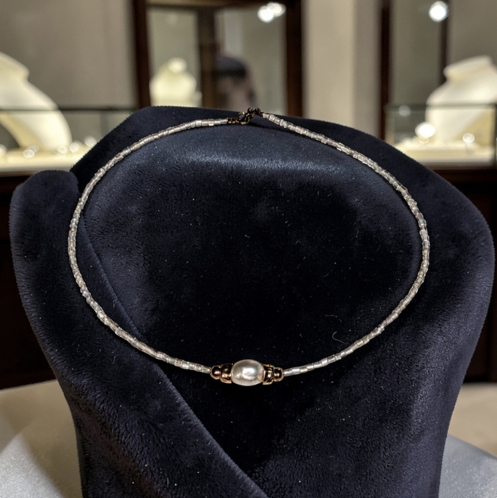Hand Crafted White Glass Beaded Necklace with Golden Accents With A Pearl